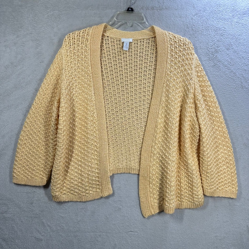 Chico's Yellow Apricot Open Knit Cardigan Sweater Size 3 XL Textured 3/4 Sleeve‎